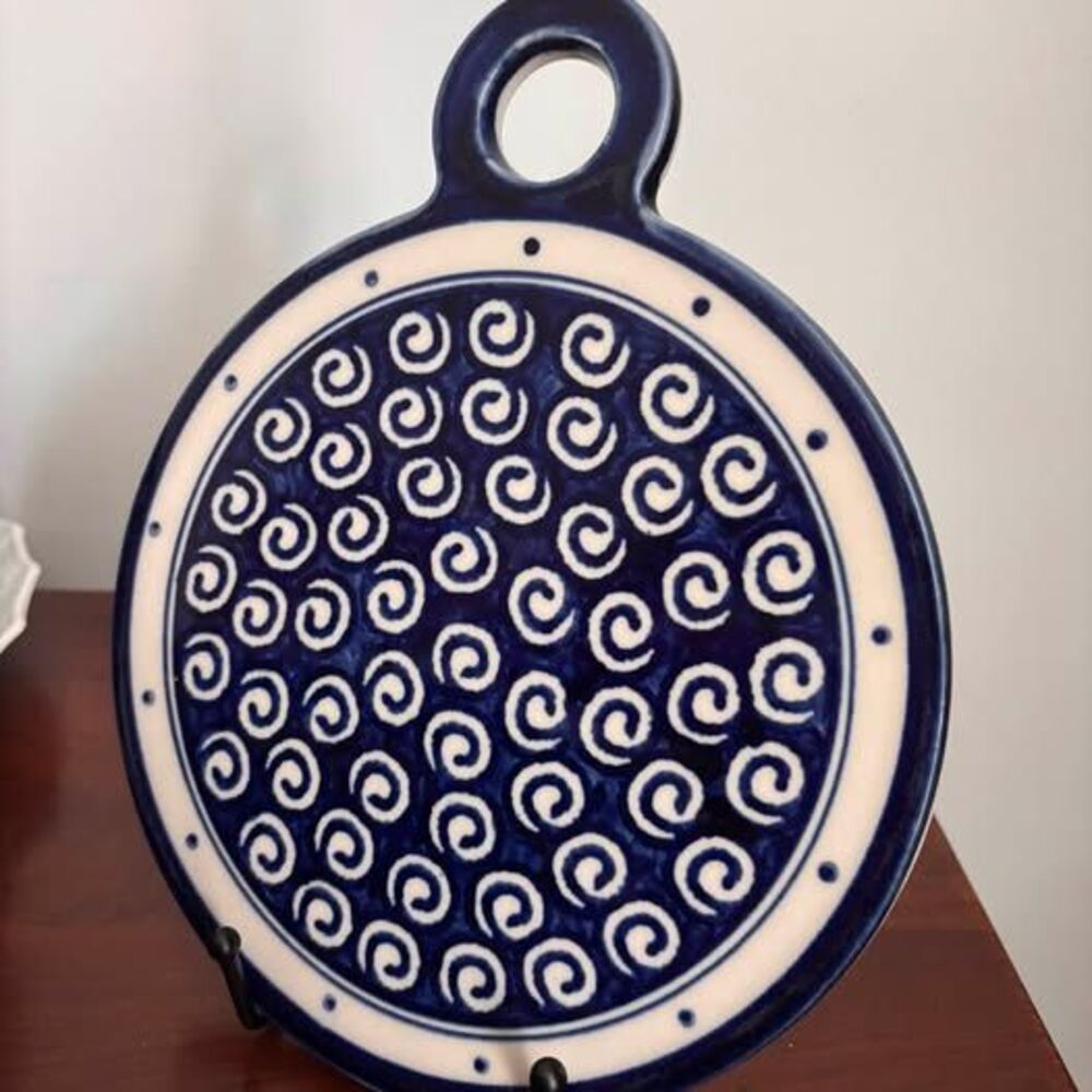 Zaklady Boleslawiec Polish Pottery Cobalt Blue Swirl Round Cutting Board Ceramic